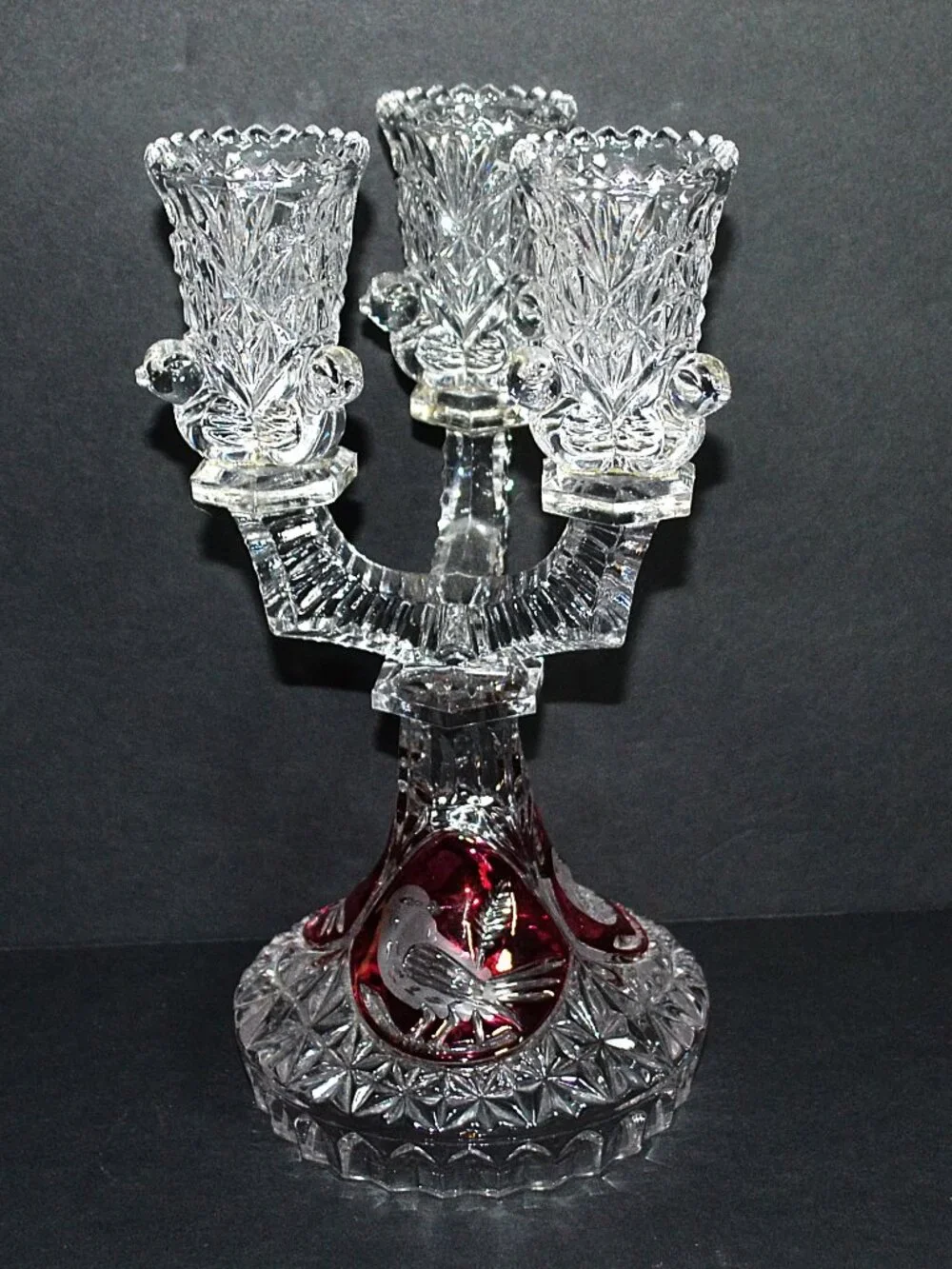 Hofbauer Byrdes Ruby Flash Crystal 3 Arm Candelabrum Cut‑to‑Clear Birds